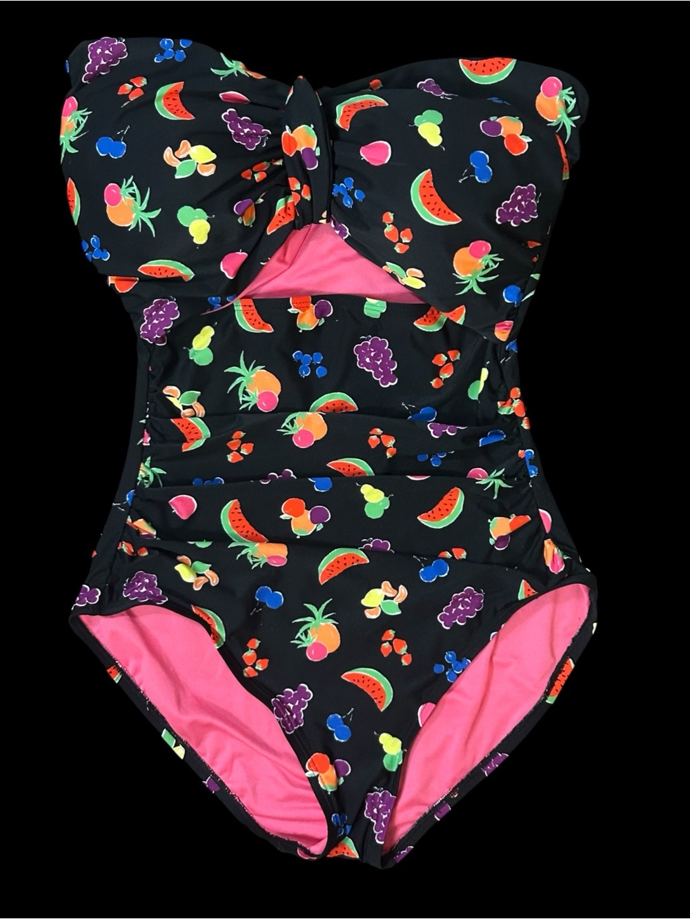 NWT Kate Spade Black Fruit-Print Ribbed One-Piece Swimsuit - Pink Lining Sz M